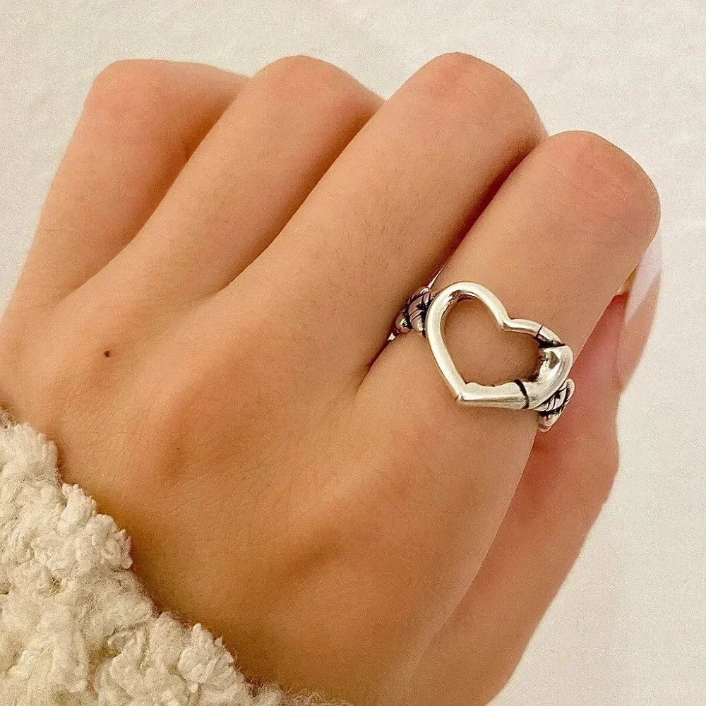 925 Sterling Silver Minimalist Heart Ring Silver Vintage Boho Geometric Ring